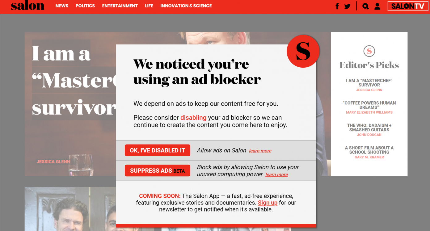 Salon Forces Visitors to Mine Cryptocurrency if They Block Ads