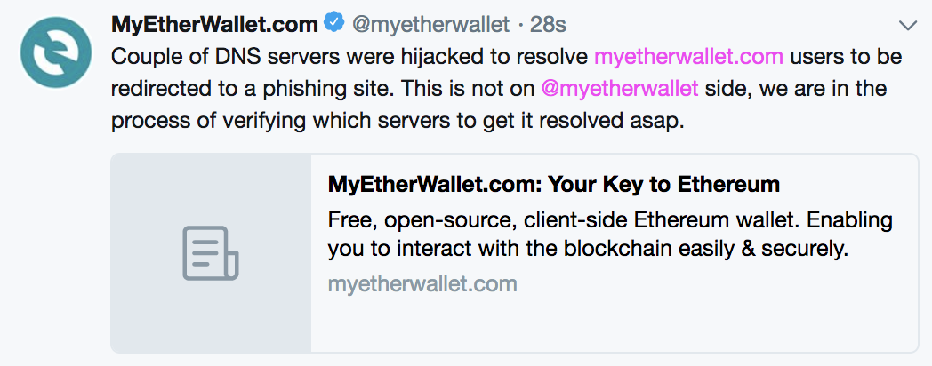 Myetherwallet Servers Are Hijacked in DNS Attack