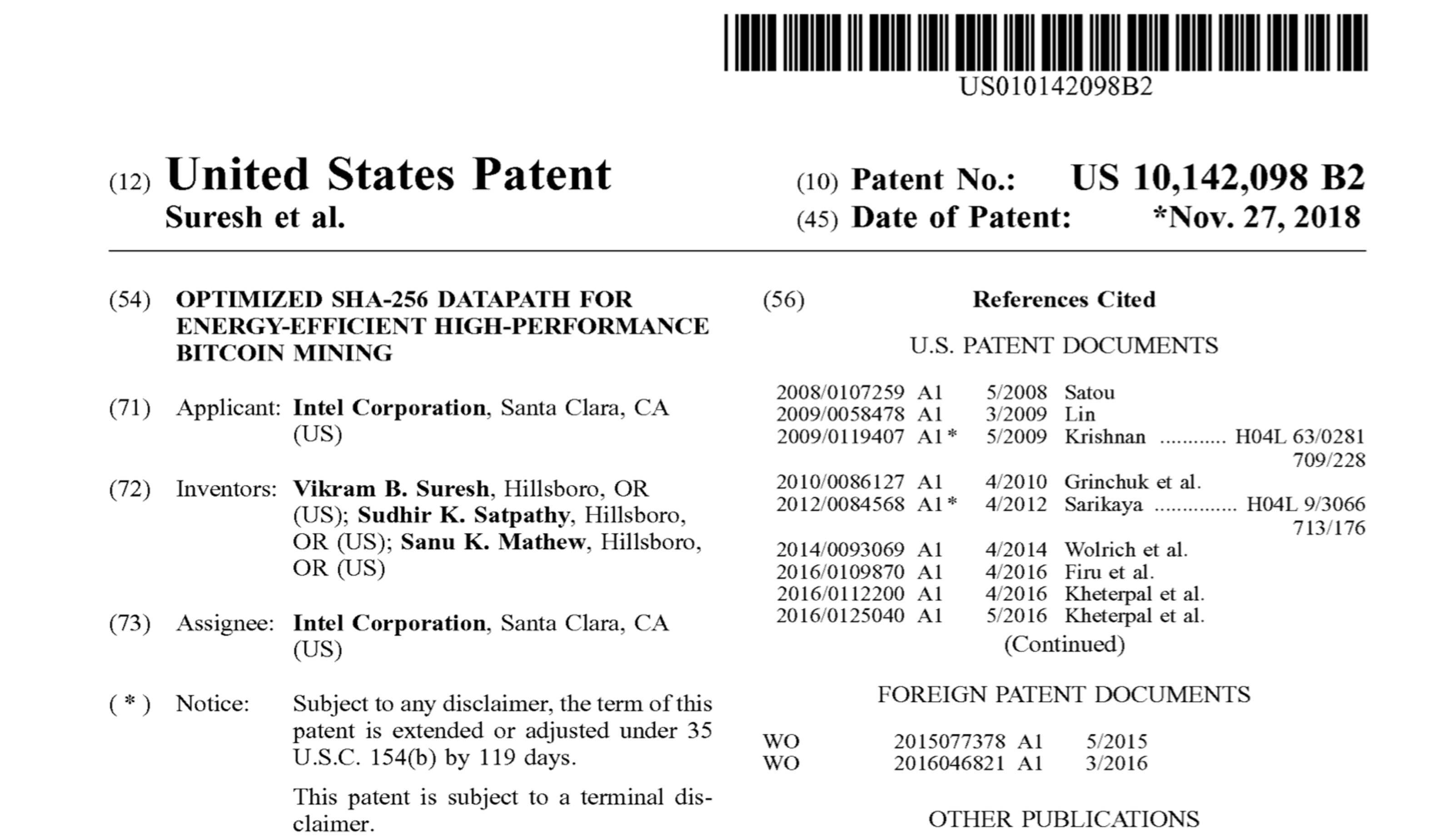 Intel Awarded a Patent for an Energy Efficient Bitcoin Mining Process