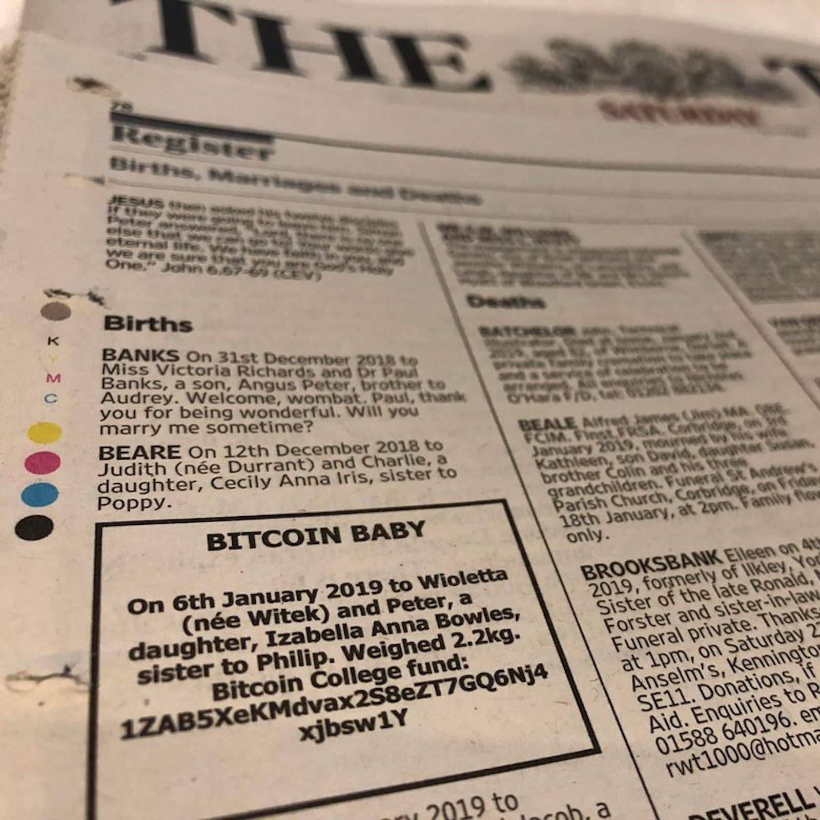 Newspaper Ad Seeks Donations for Bitcoin Baby’s College Fund