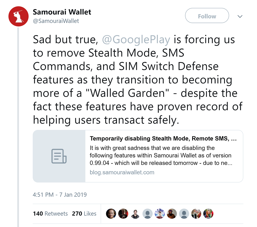 Google Play Store Forces Samourai Wallet to Remove Security Features