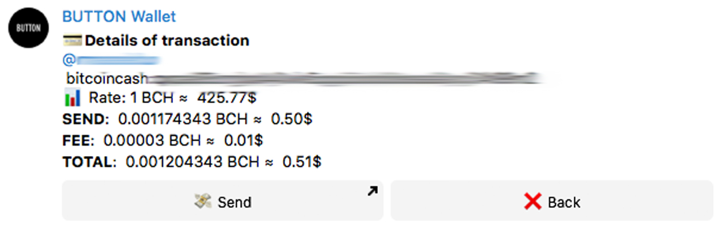 Testing the Noncustodial Button Wallet With BCH Over Telegram Messenger