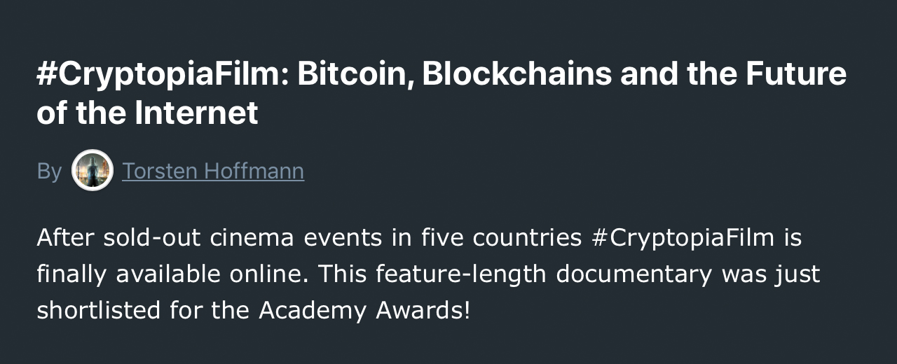 Award-Winning Filmmaker Torsten Hoffmann Launches Bitcoin Documentary Cryptopia