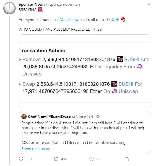 Sushiswap Founder Reportedly Exit Scams as Sushi Token Price Tanks