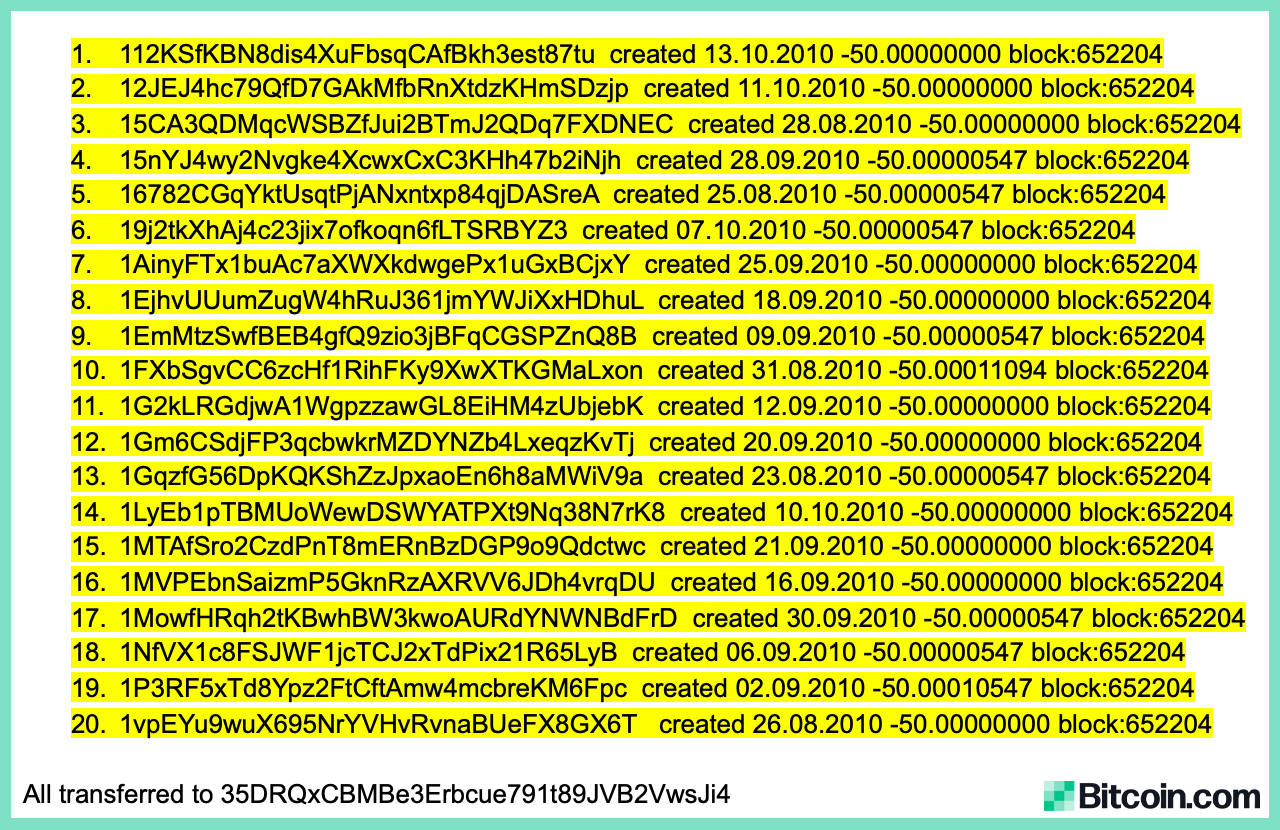 $12M in 'Satoshi Era' Bitcoins Move: 21 Block Rewards from 2010 Spent After a Decade of Slumber