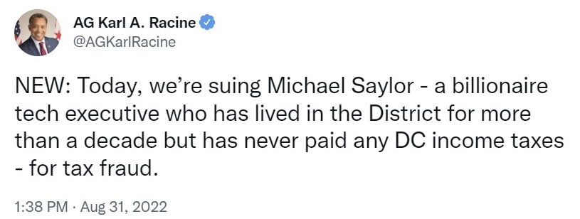 DC Attorney General Sues Billionaire Michael Saylor and Microstrategy Over Alleged Tax Fraud — Seeks $100 Million