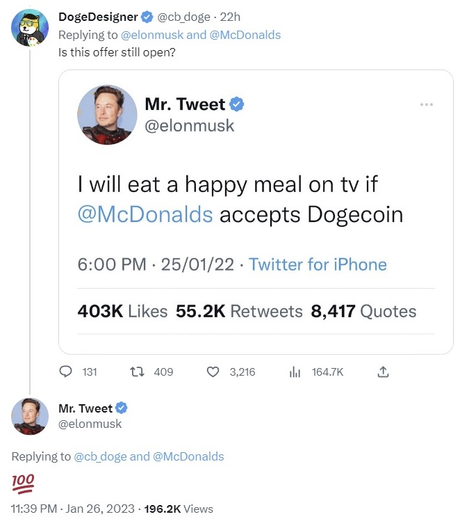 Elon Musk Reaffirms Offer to Eat Happy Meal on TV if McDonald's Accepts Dogecoin